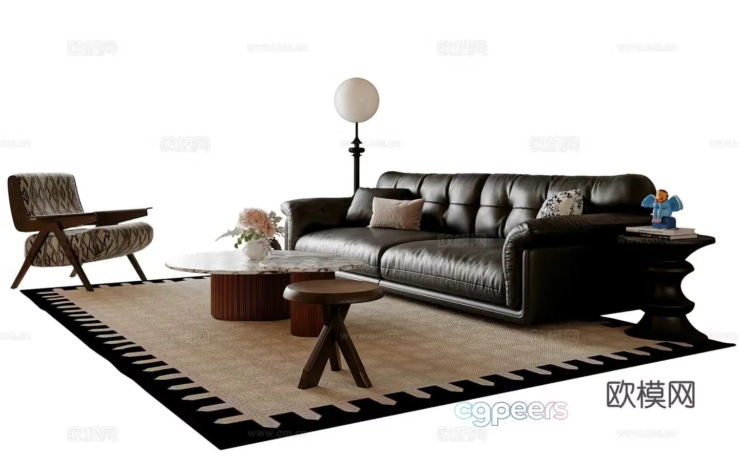French medieval sofa coffee table combination leisure chair floor lamp sofa stool three-person sofa 3D model