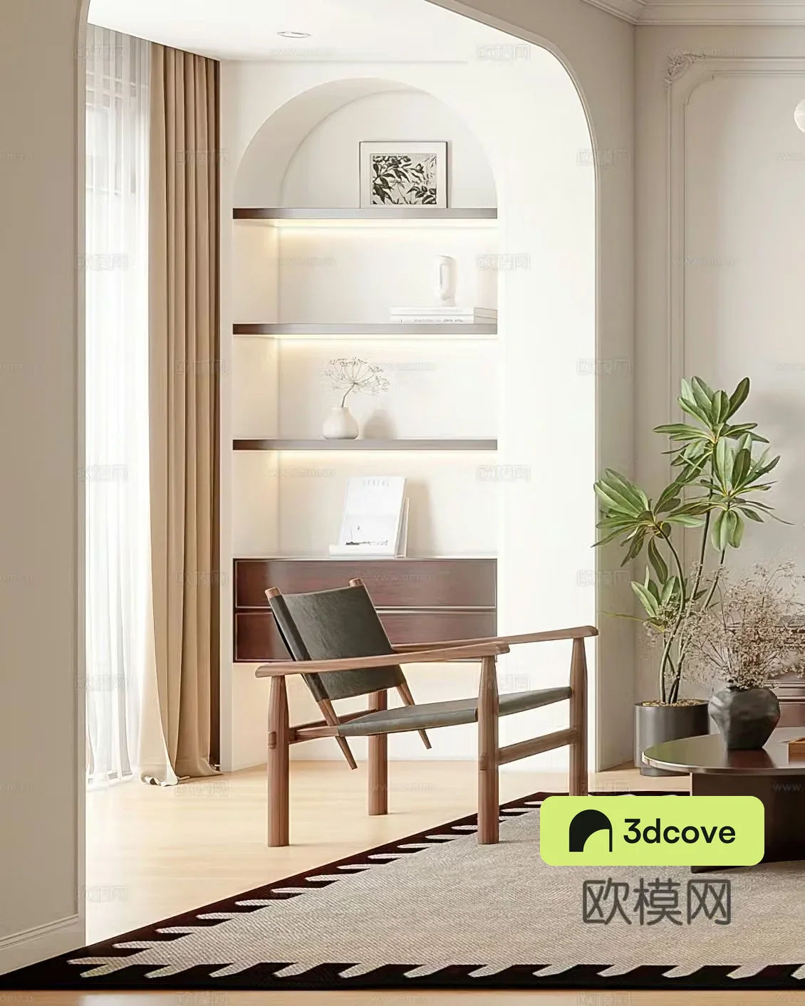Medium style leisure chair wavy leisure chair retro leisure chair side table corner table single chair simple 3D model