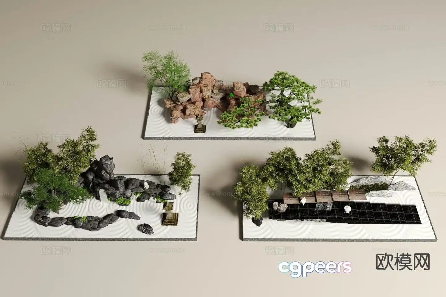 Rockery waterscape stacked stone waterfall plant landscaping 3D model