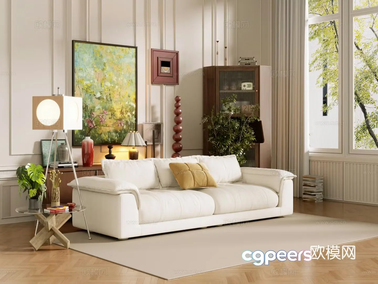 Middle-aged sofa combination coffee table carpet multi-person sofa 3D model