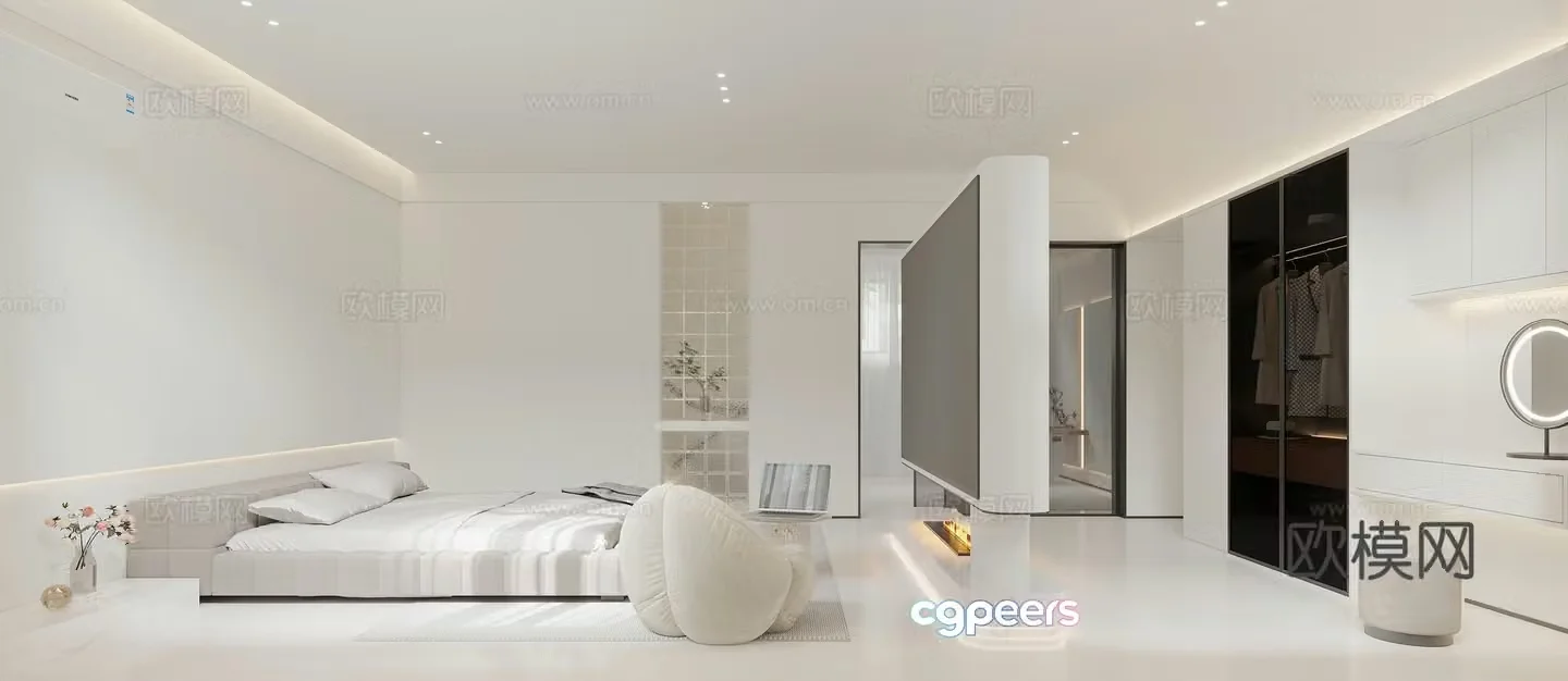 Modern bedroom cloakroom leisure table and chairs tatami bed film and television wall entrance end view 3D model