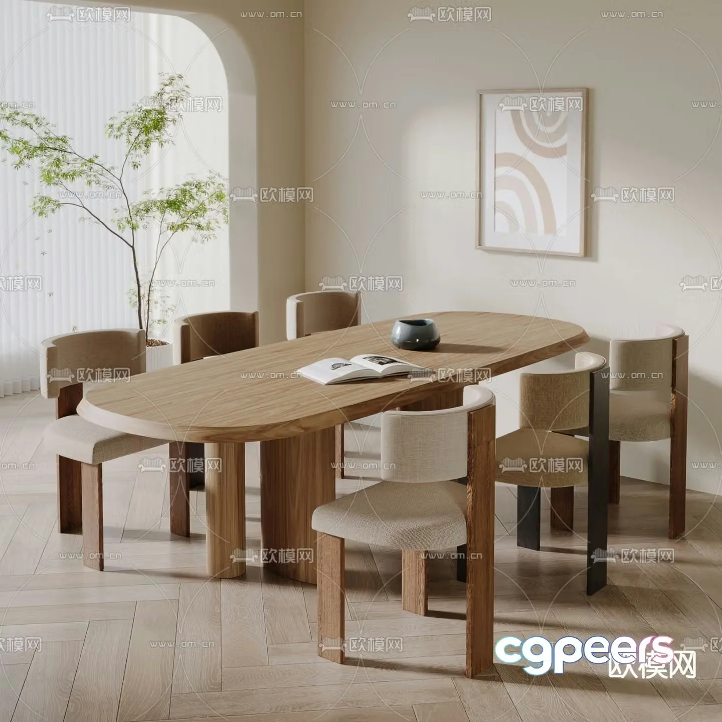 Oval dining table and chairs log dining table 3d model