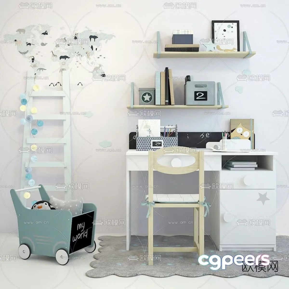 Modern children’s room desk and chair combination 3d model
