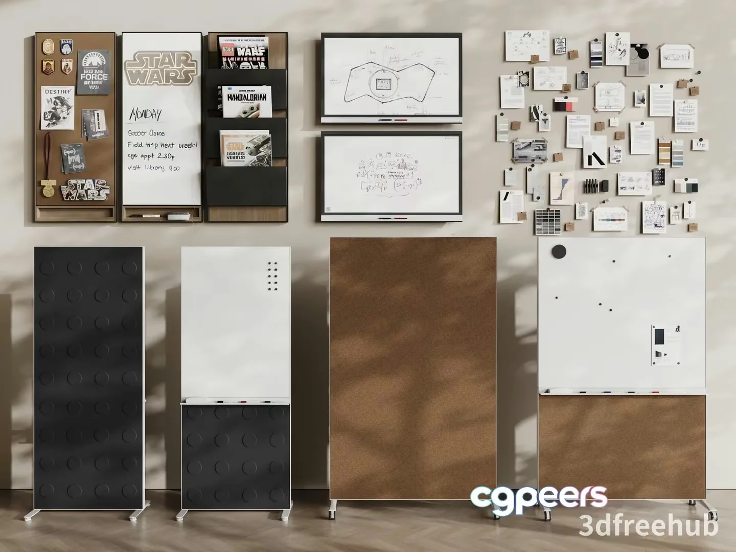 A Wall With Various Office Supplies 3D Model – 23595 – VRAY Render