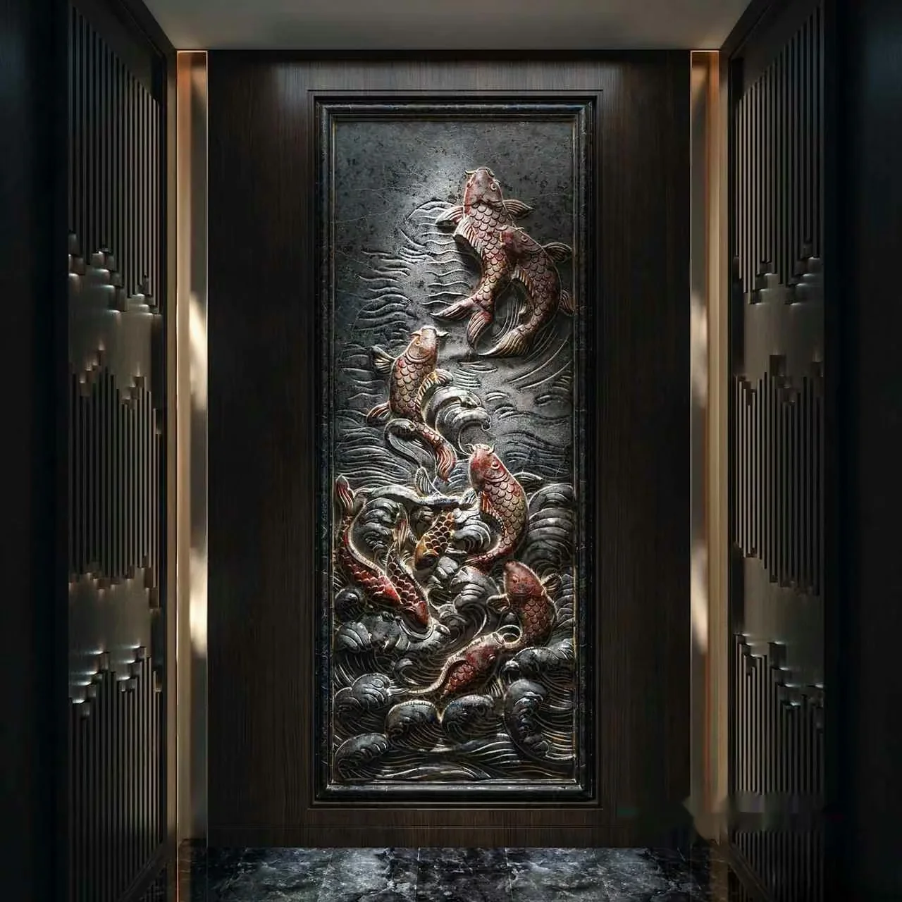 A Large Intricately Carved Wooden Panel With Fish Designs 3D Model – 13549 – VRAY Render
