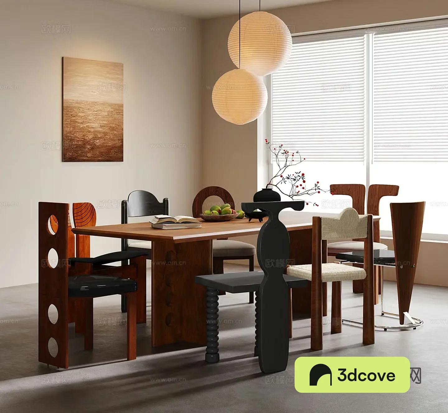 Middle style dining table and chair chandeliers decorative painting 3d model