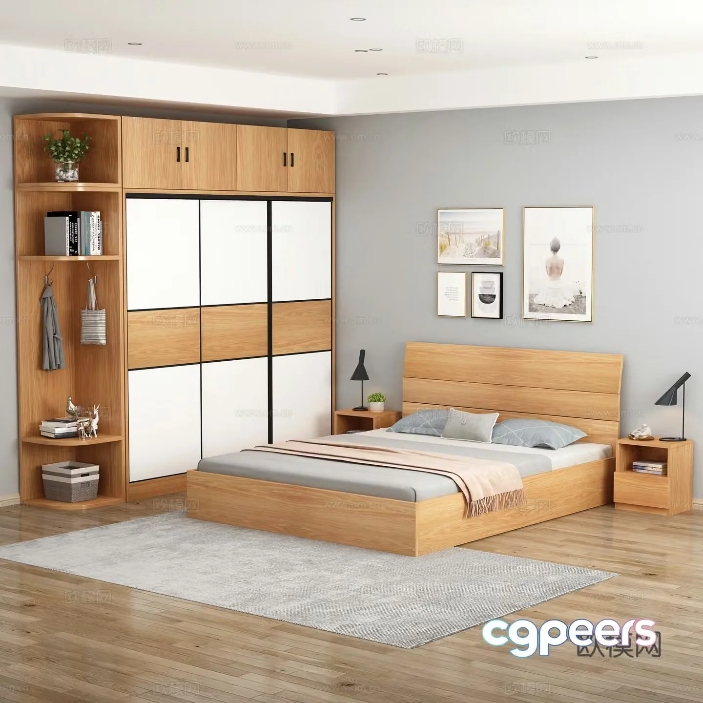 Nordic bedroom wardrobe double bed 3d model