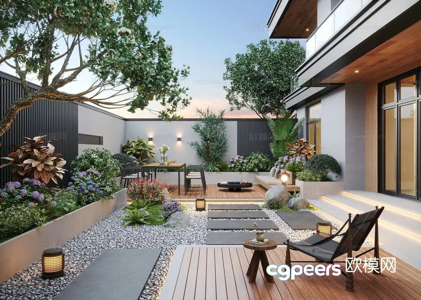 Modern courtyard landscape home yard courtyard sketch outdoor leisure chair outdoor dining table 3d model