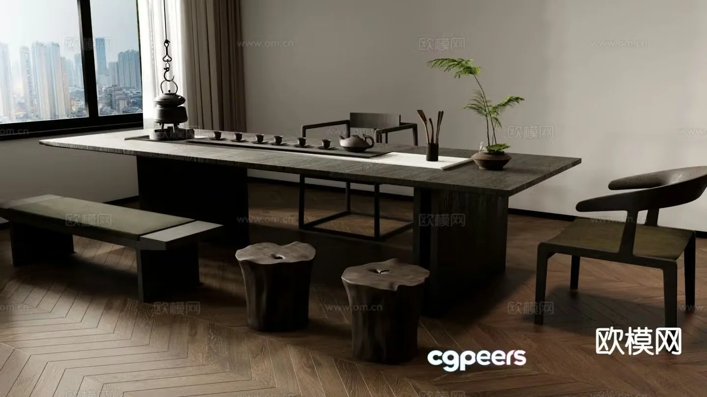 New Chinese tea table and chairs 3d model