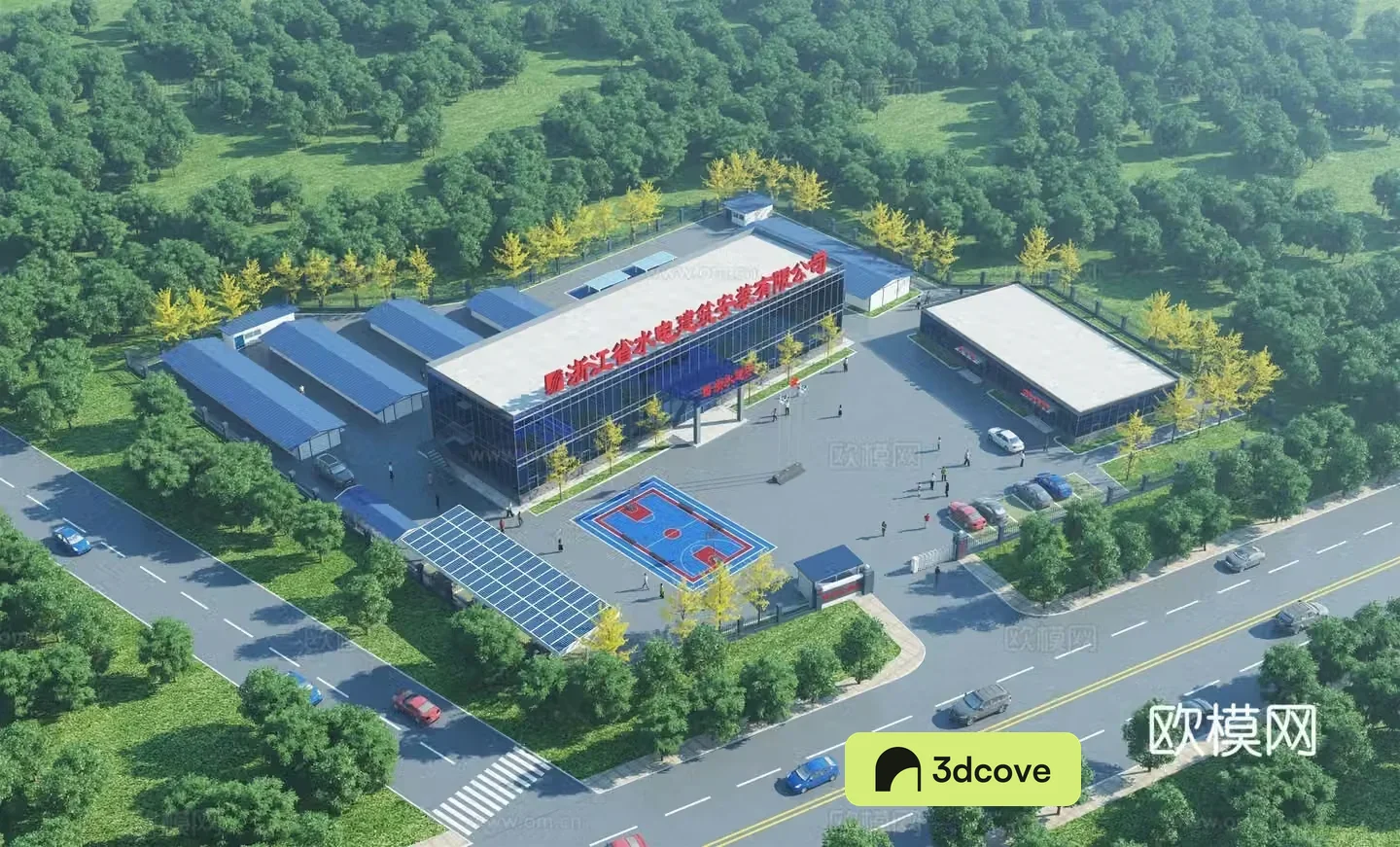 Aerial view 3d model of modern project department board house building