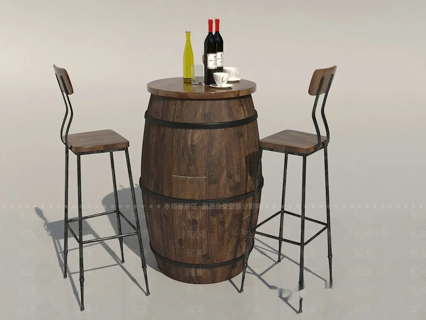A Wooden Barrel With Two Stools 3D Model – 6854 – VRAY Render