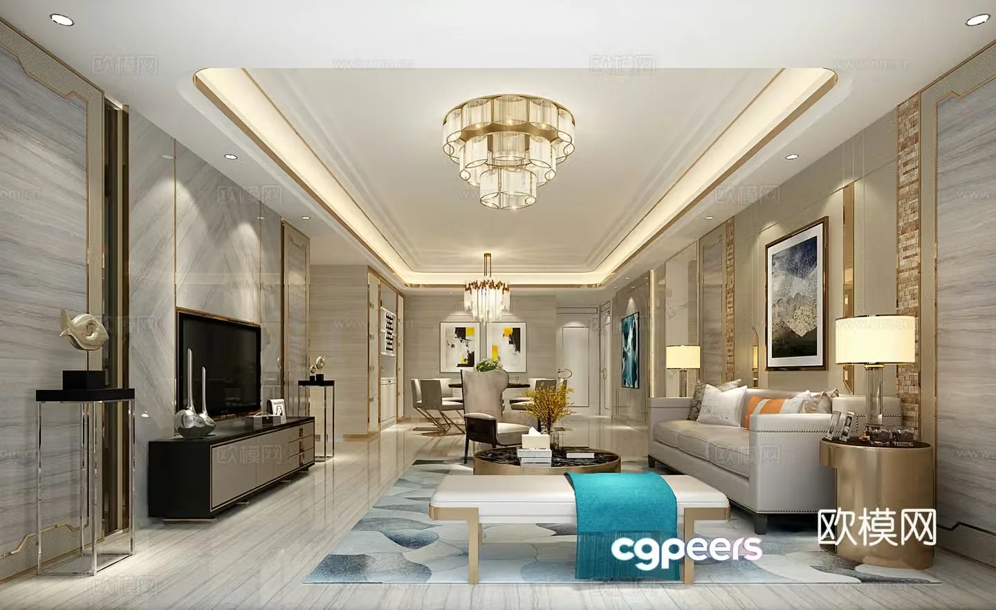 Modern living and dining room chandeliers TV cabinet sofa combination 3D model