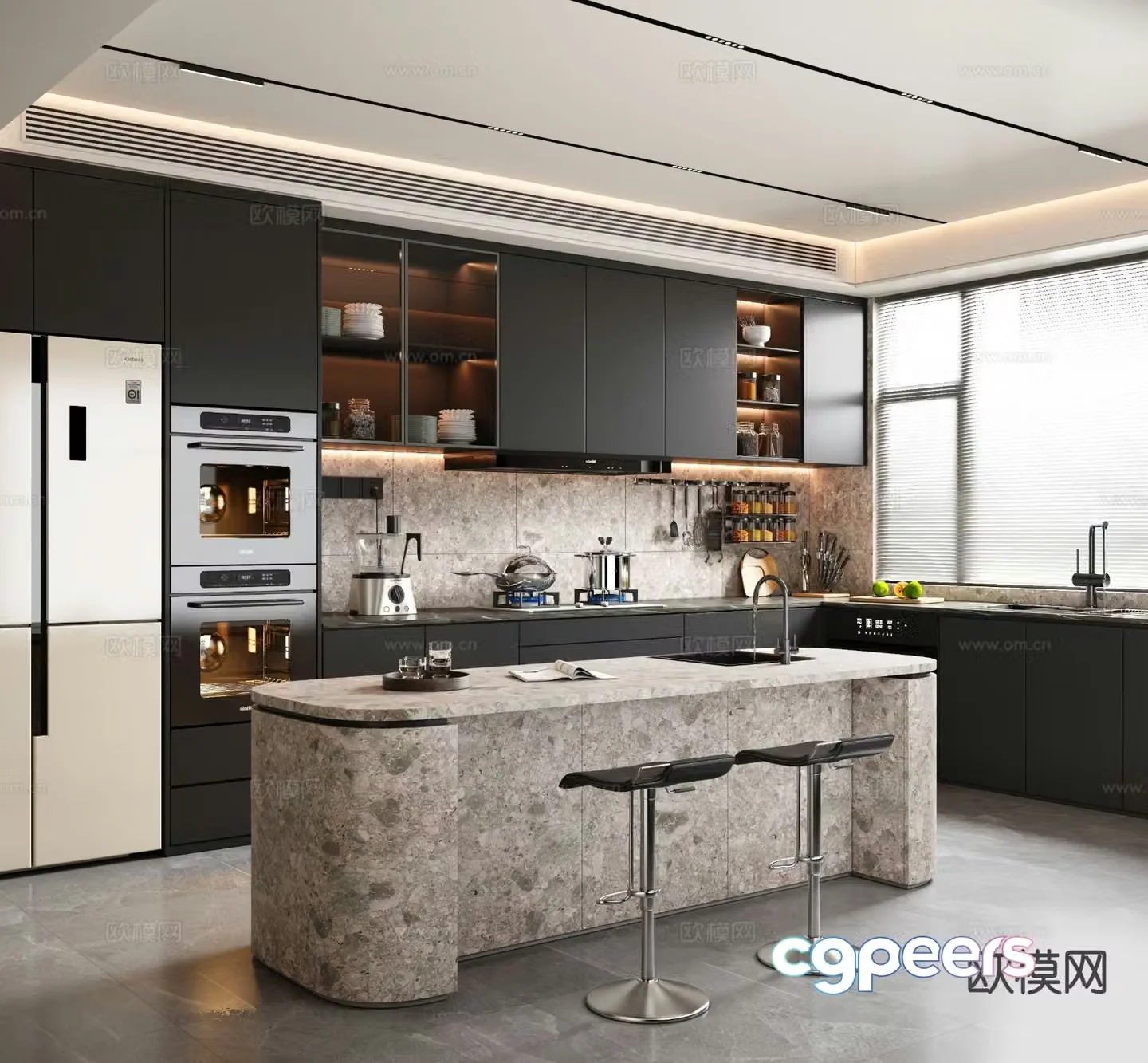 Dark style kitchen island kitchen 3d model