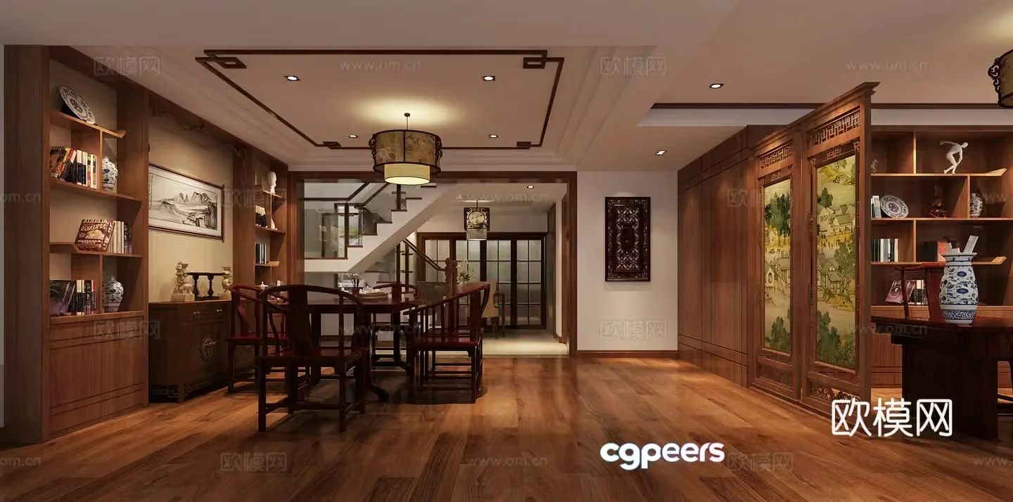Chinese study bookcase desk partition 3d model