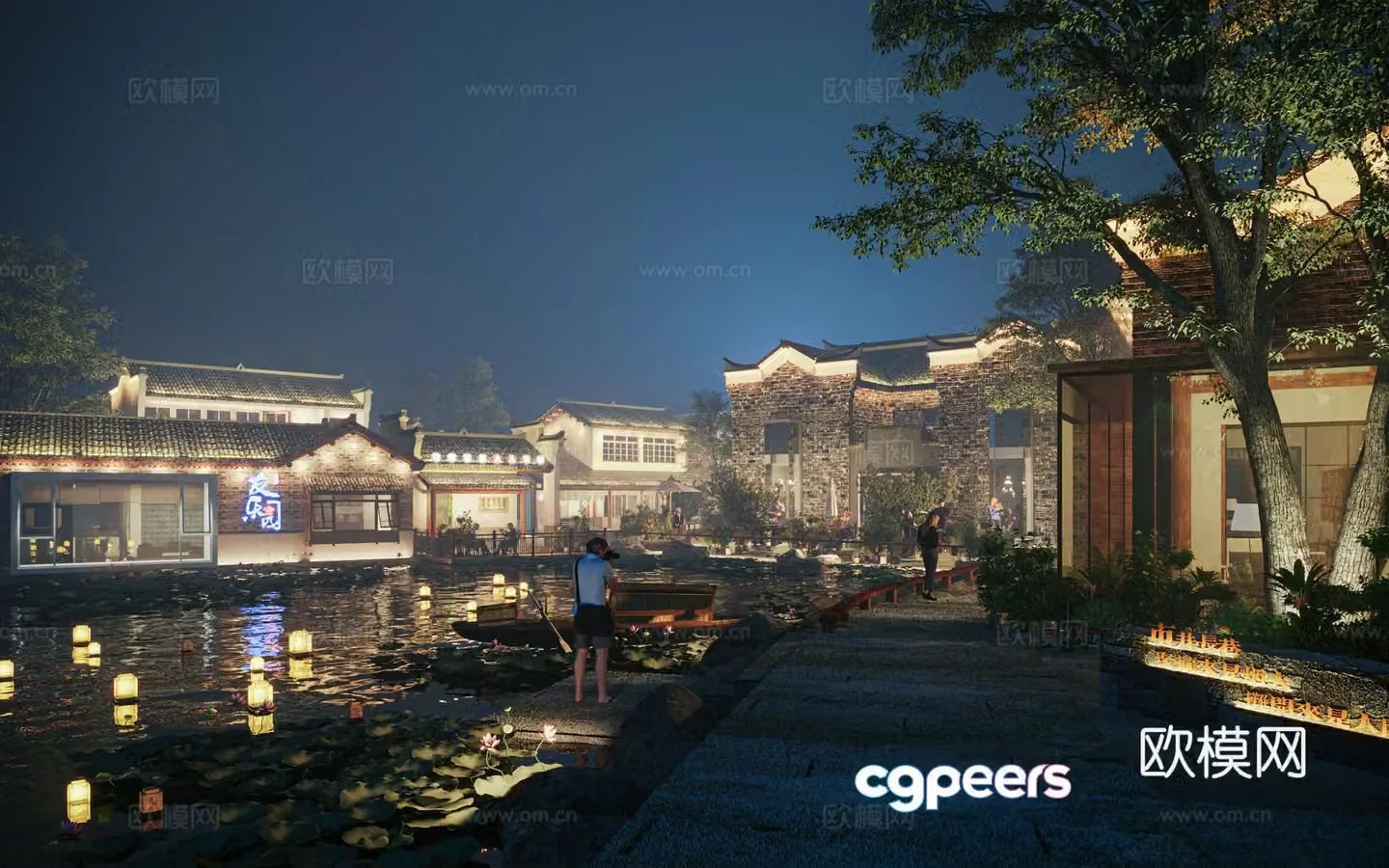 Night view of Chinese-style ancient buildings B&B commercial street 3D model