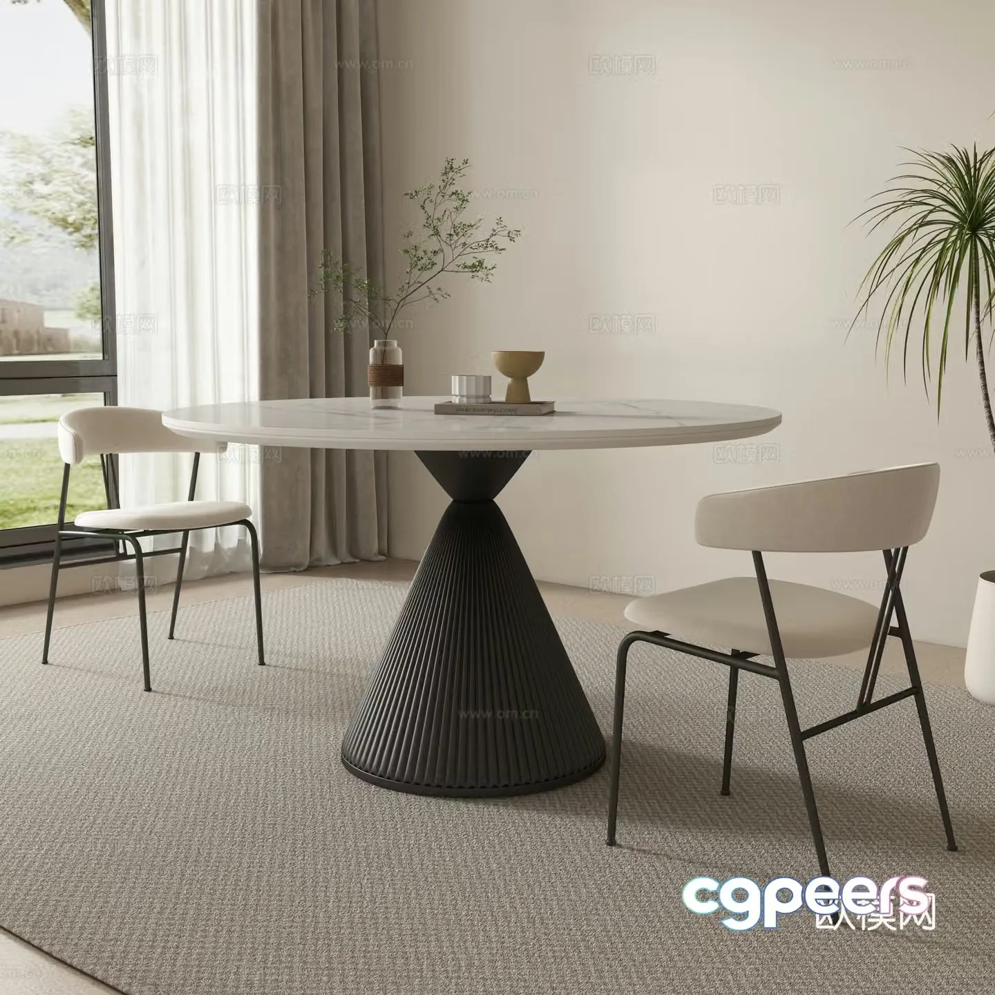 Round dining table and chairs marble dining table 3d model