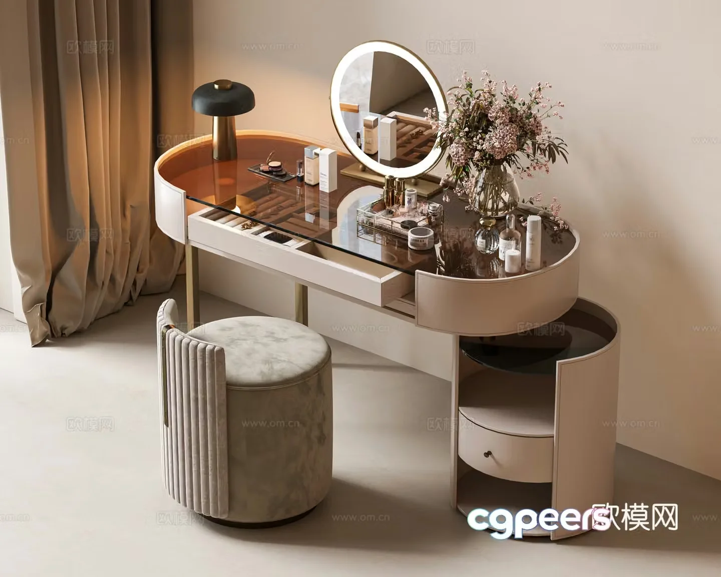 Modern light luxury dressing table jewelry box dressing table makeup stool combination cosmetics combination dressing table flower 3d model