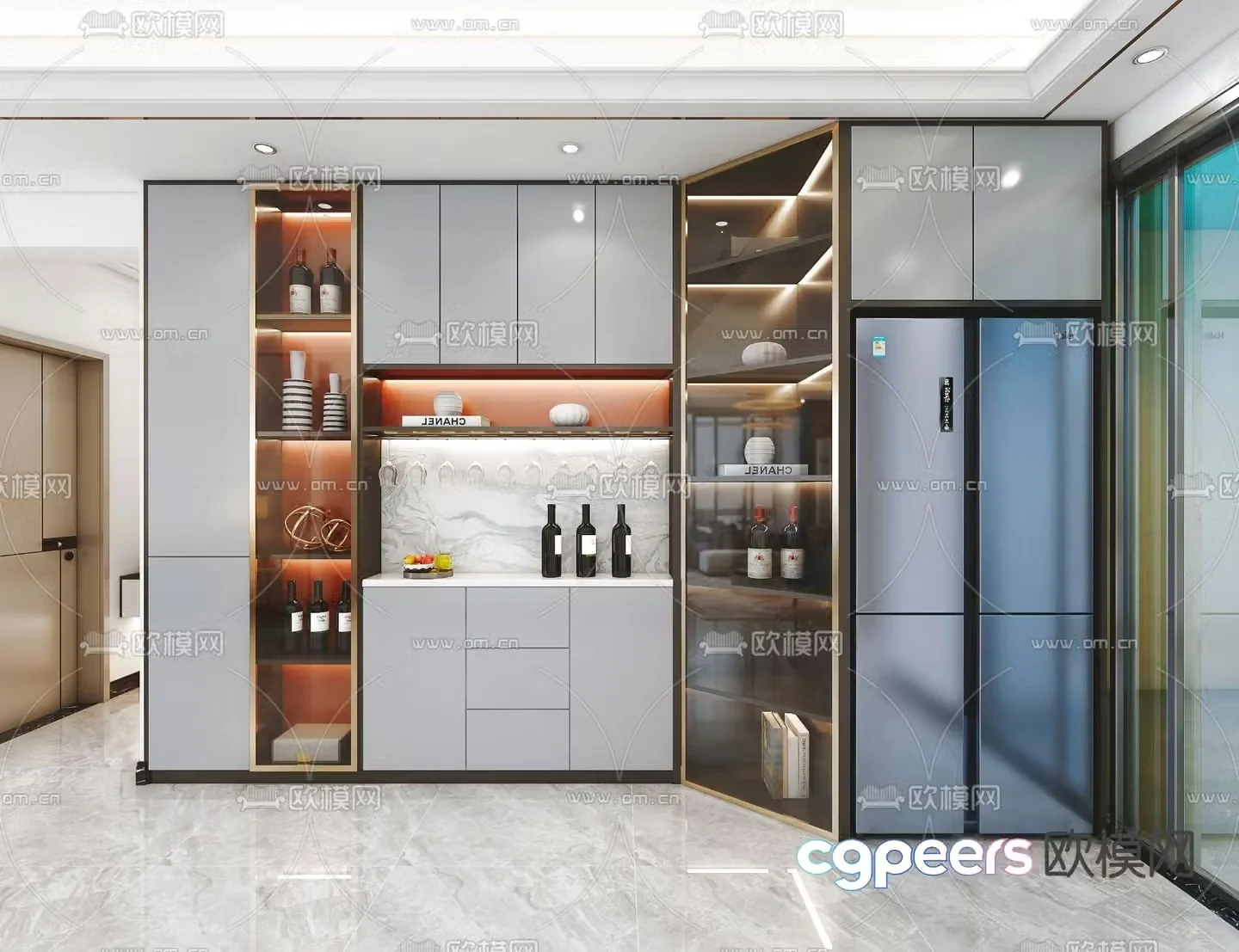 Wine cabinet and refrigerator integrated 3D model