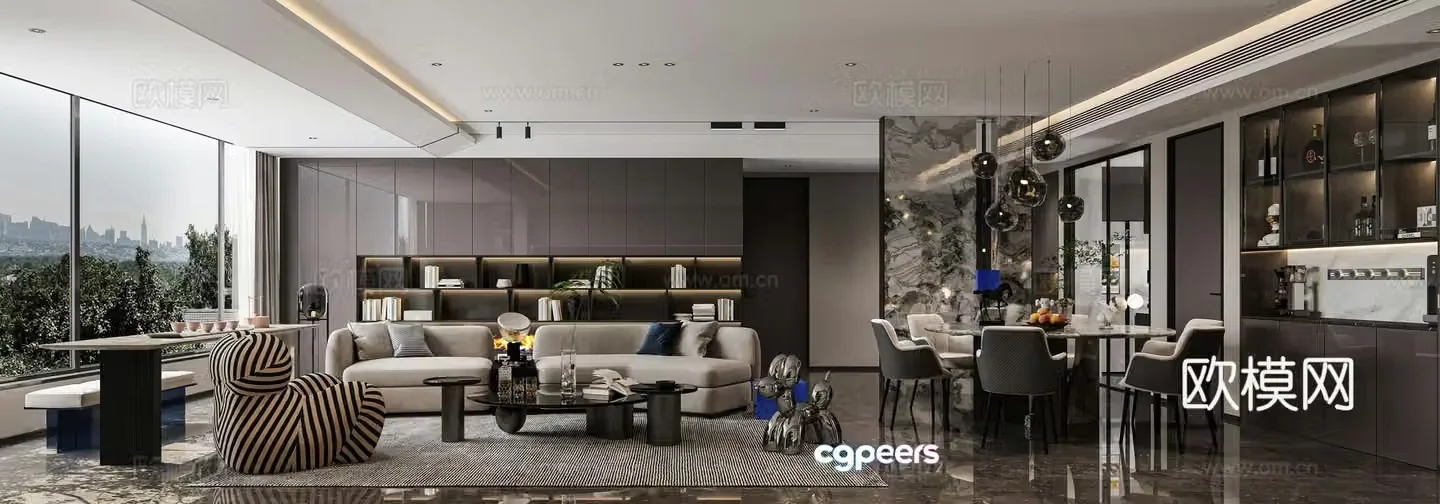 Modern living and dining room 3d model