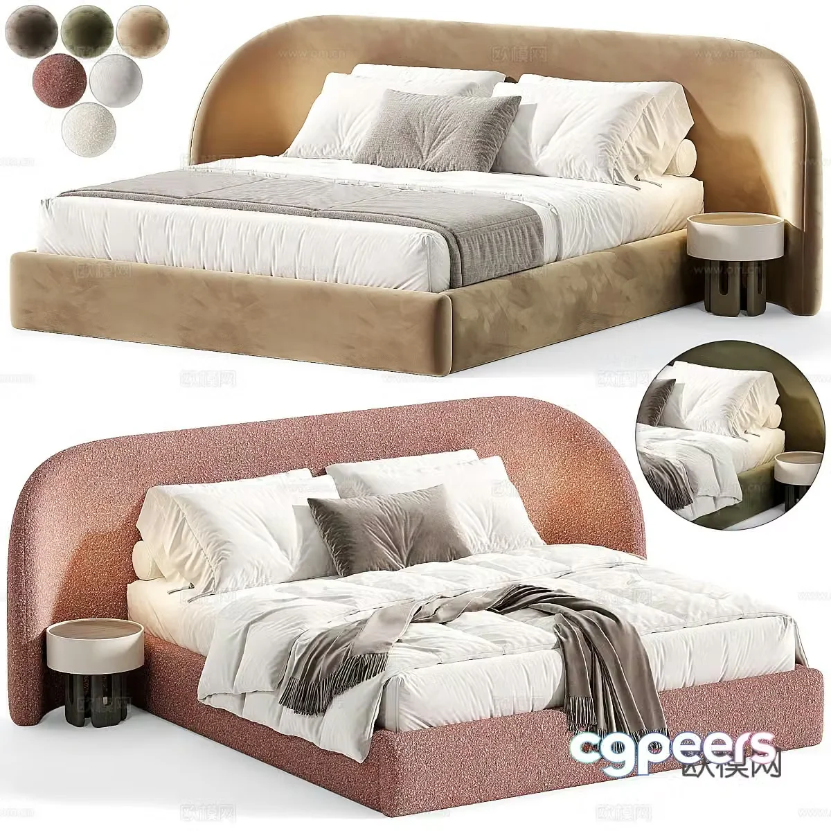 Modern Italian Cream Style Sculpt Fabric Double Bed 3D Model