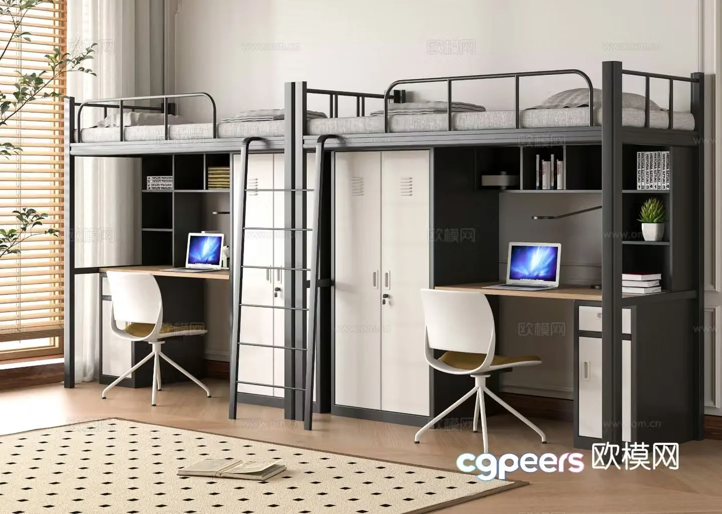 Modern dormitory bed bed and desk student going to and from bed 3D model