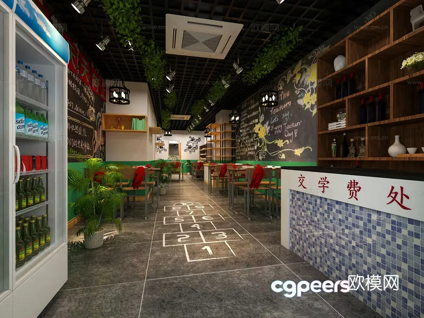 Industrial style school restaurant canteen 3d model