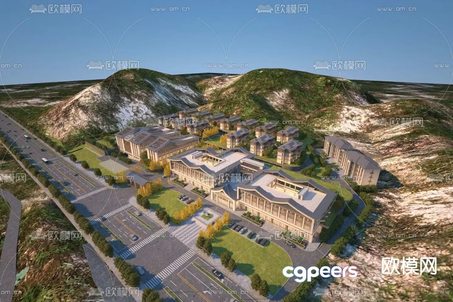 Aerial view 3D model of Jane European villa area