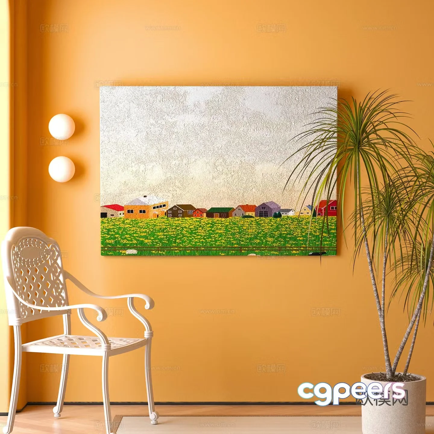 Modern decorative paintings leisure chairs green plants potted plants 3D model
