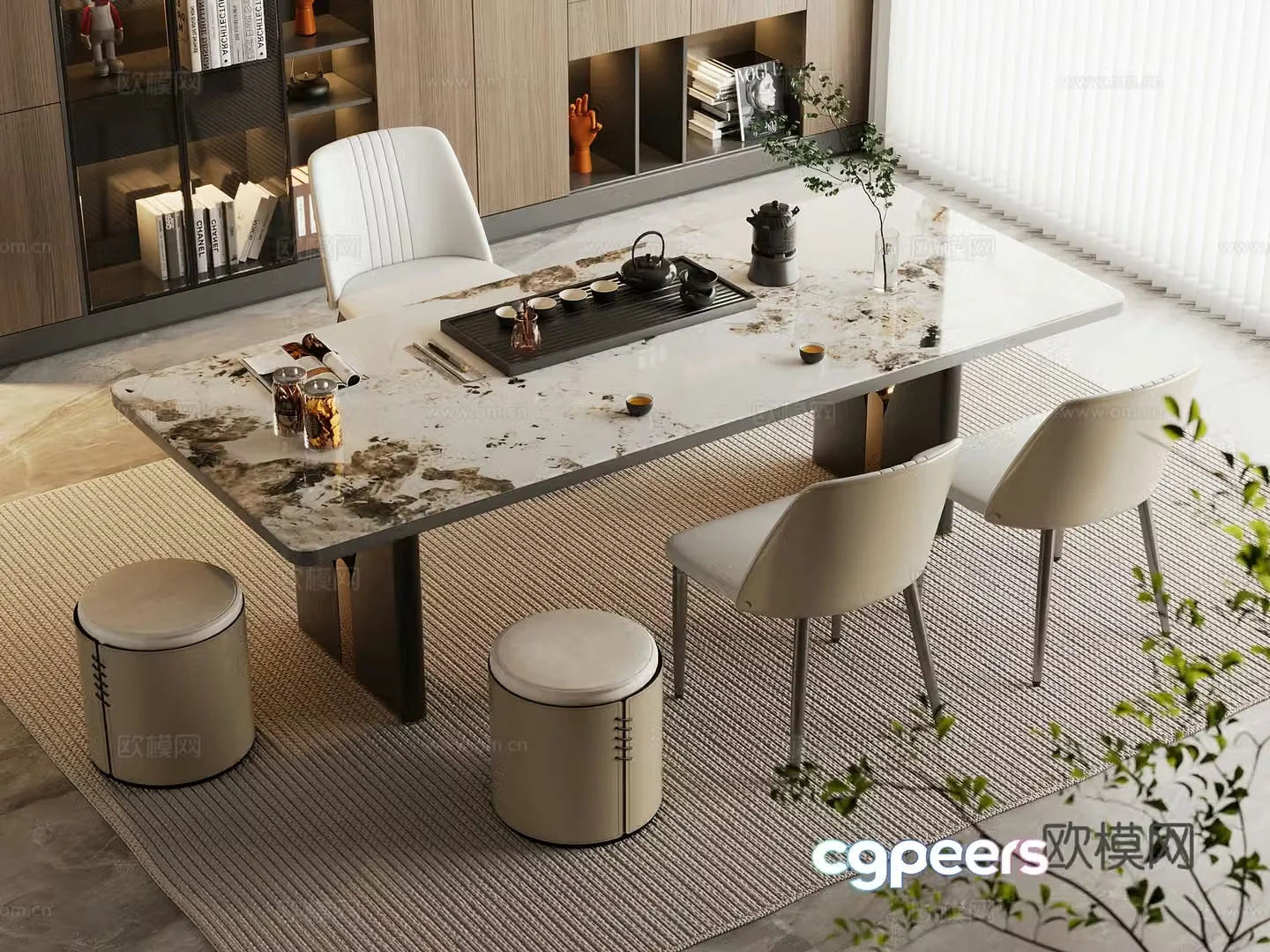 Modern tea table and chairs Light luxury marble tea table and chairs Rock-panel tea table and backrest chair Tea set supplies 3D model