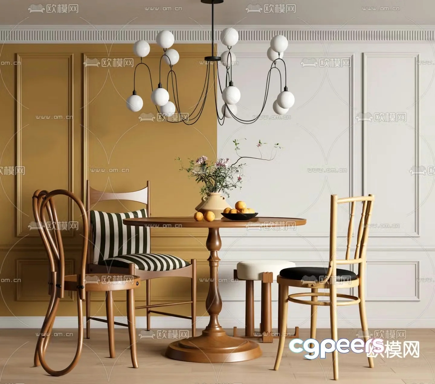 French dining table and chairs round dining table 3d model