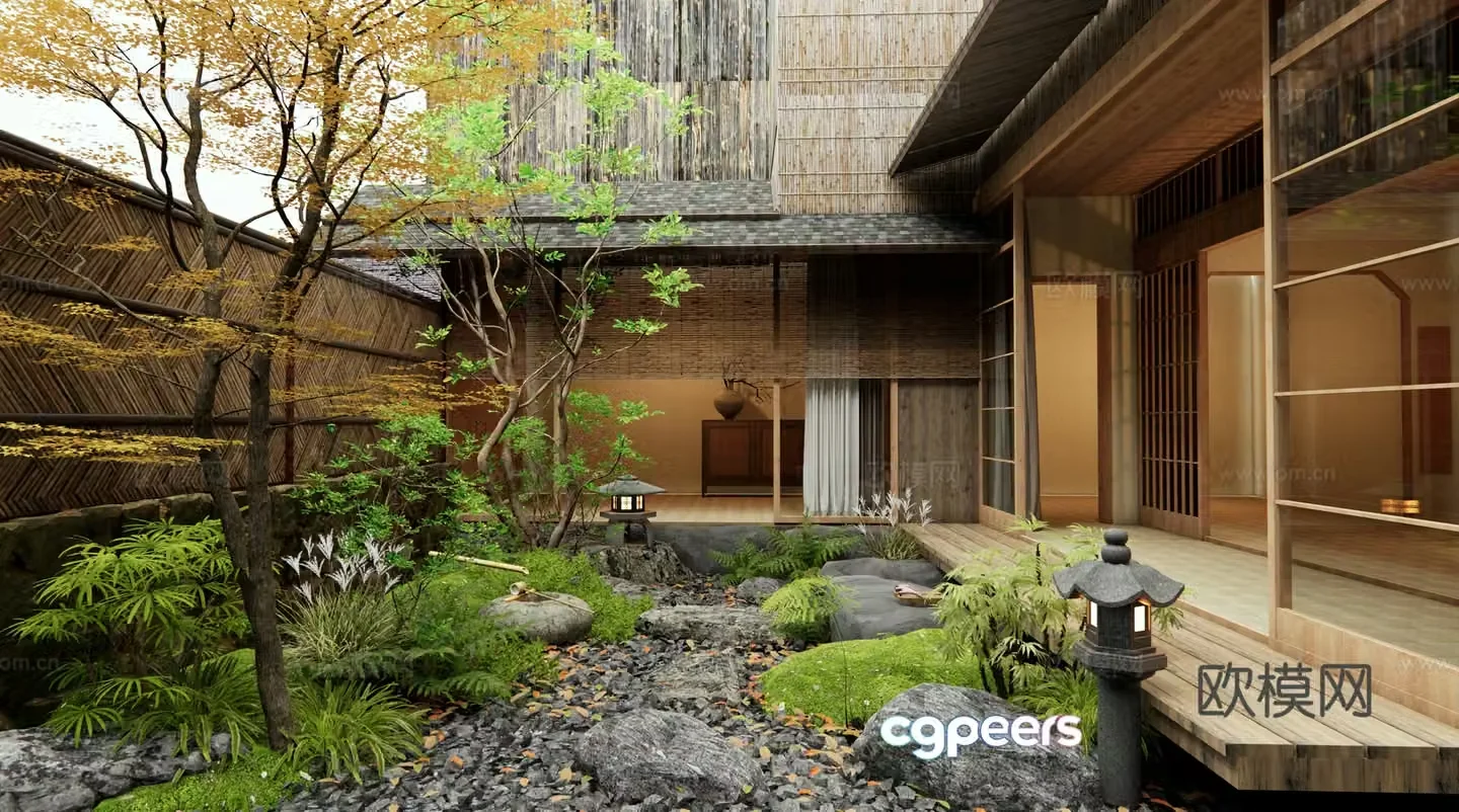 Japanese Zen courtyard landscape Tingbu Micro-terrain Landscape Stone Plant Combination Landscape Tree 3D Model