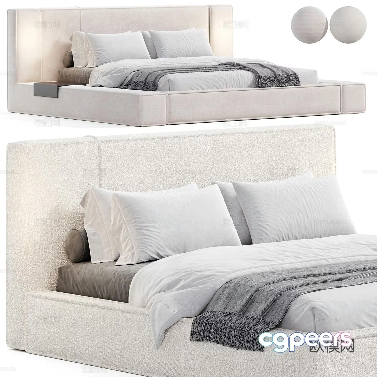 Modern Cream Style Porter Fabric Double Bed 3D Model