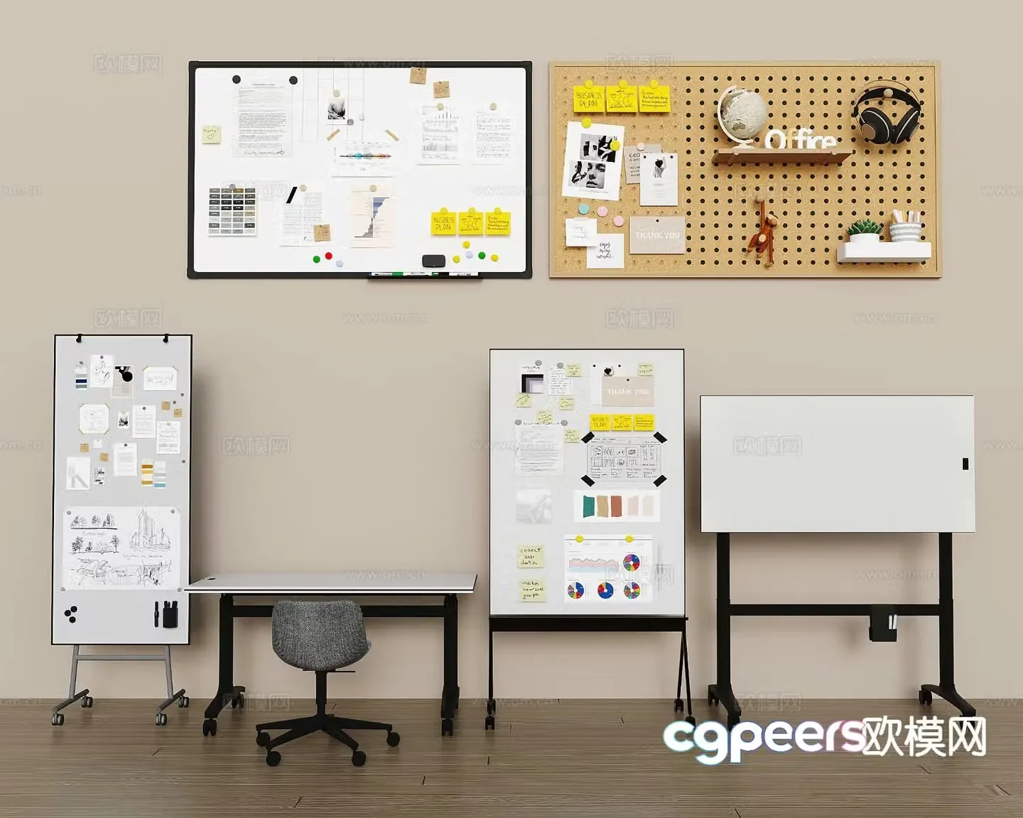 Office whiteboard mobile whiteboard note board 3d model