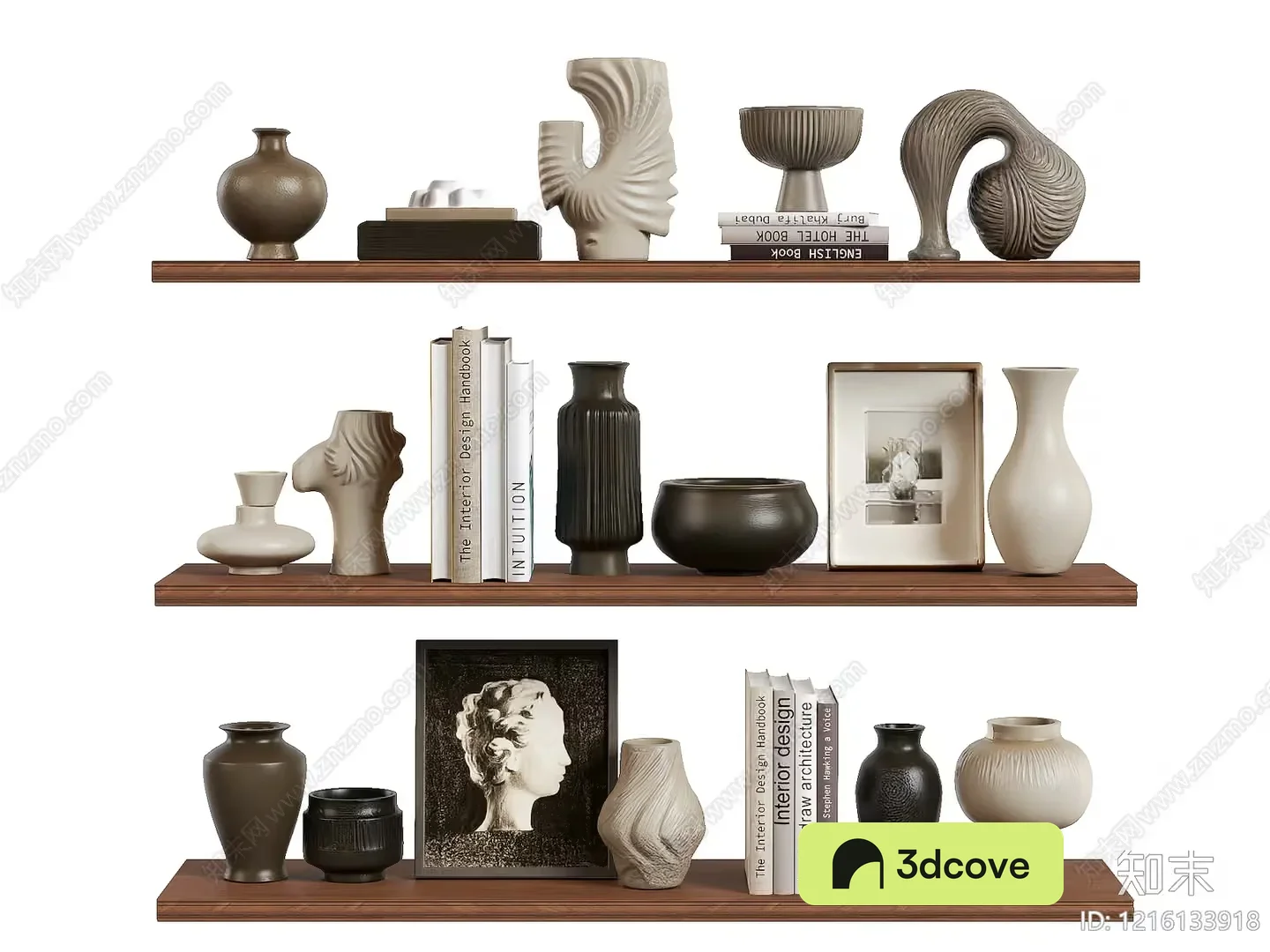 A Shelf With Books And Vases