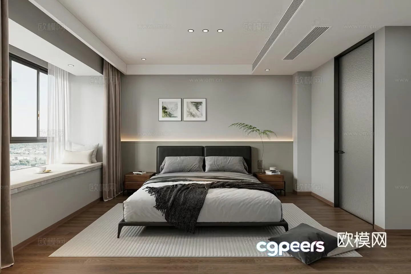 Modern simple bay window bedroom 3d model