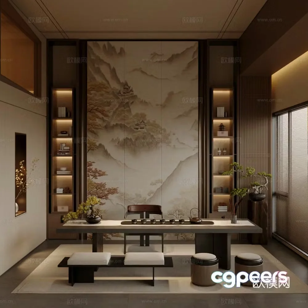 New Chinese-style tea room Club tea room Empty tea room Chinese-style tea room Tea table and chair Tea room cabinet 3D model