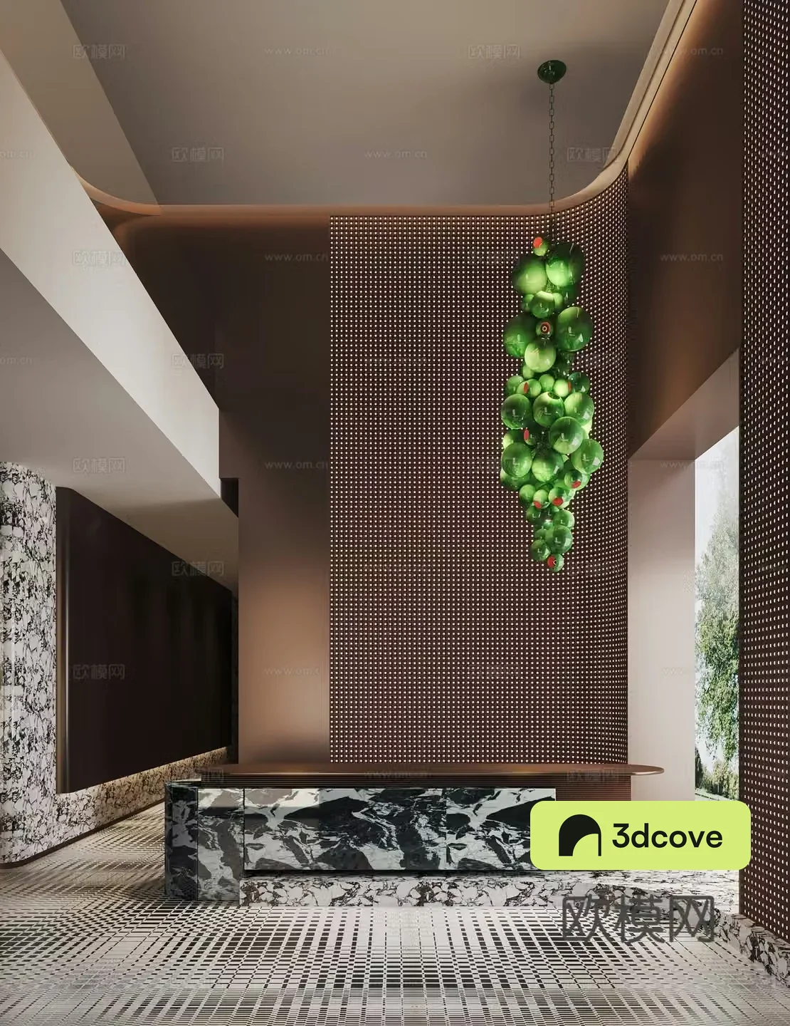 Modern office reception front desk grape bunch chandeliers