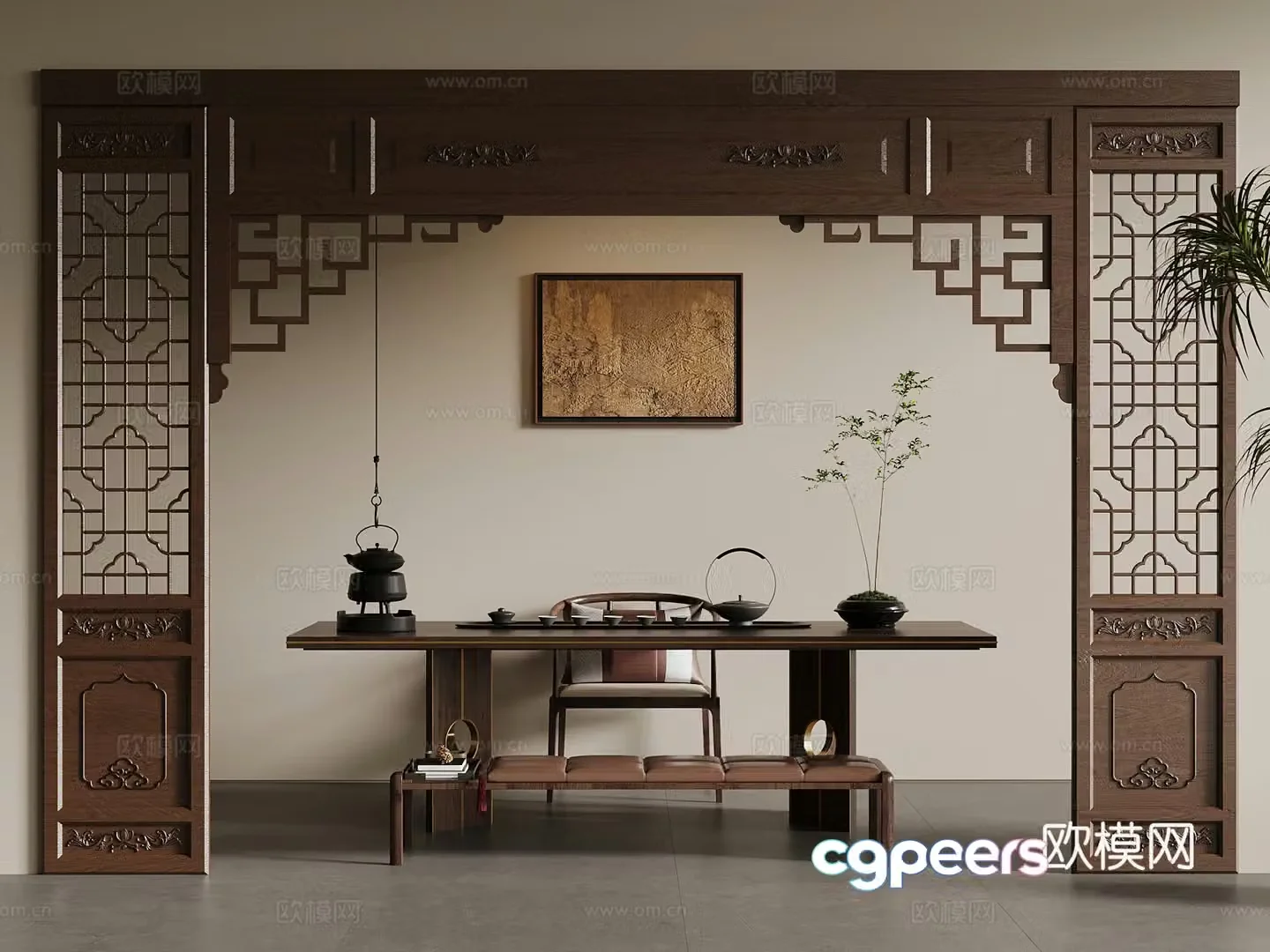 15 new Chinese style tea table and chair door cover hanging painting 3D model