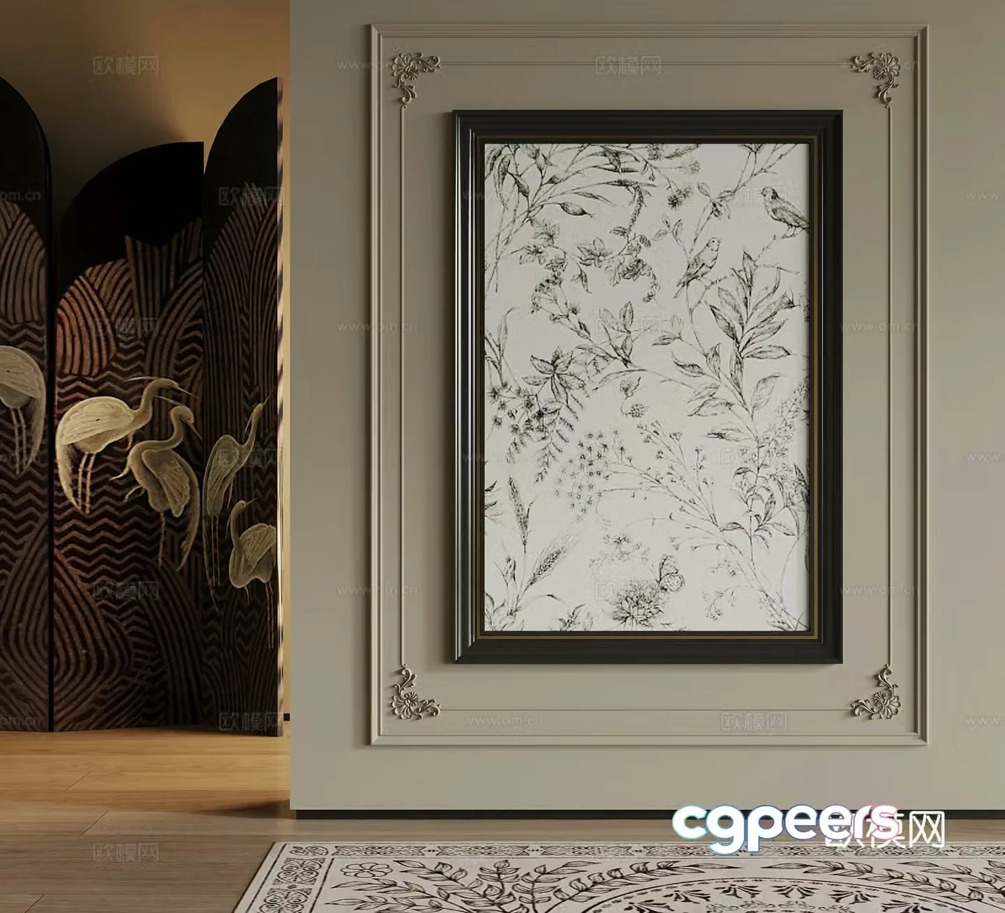 02 French retro style hanging paintings screen carpet 3d model
