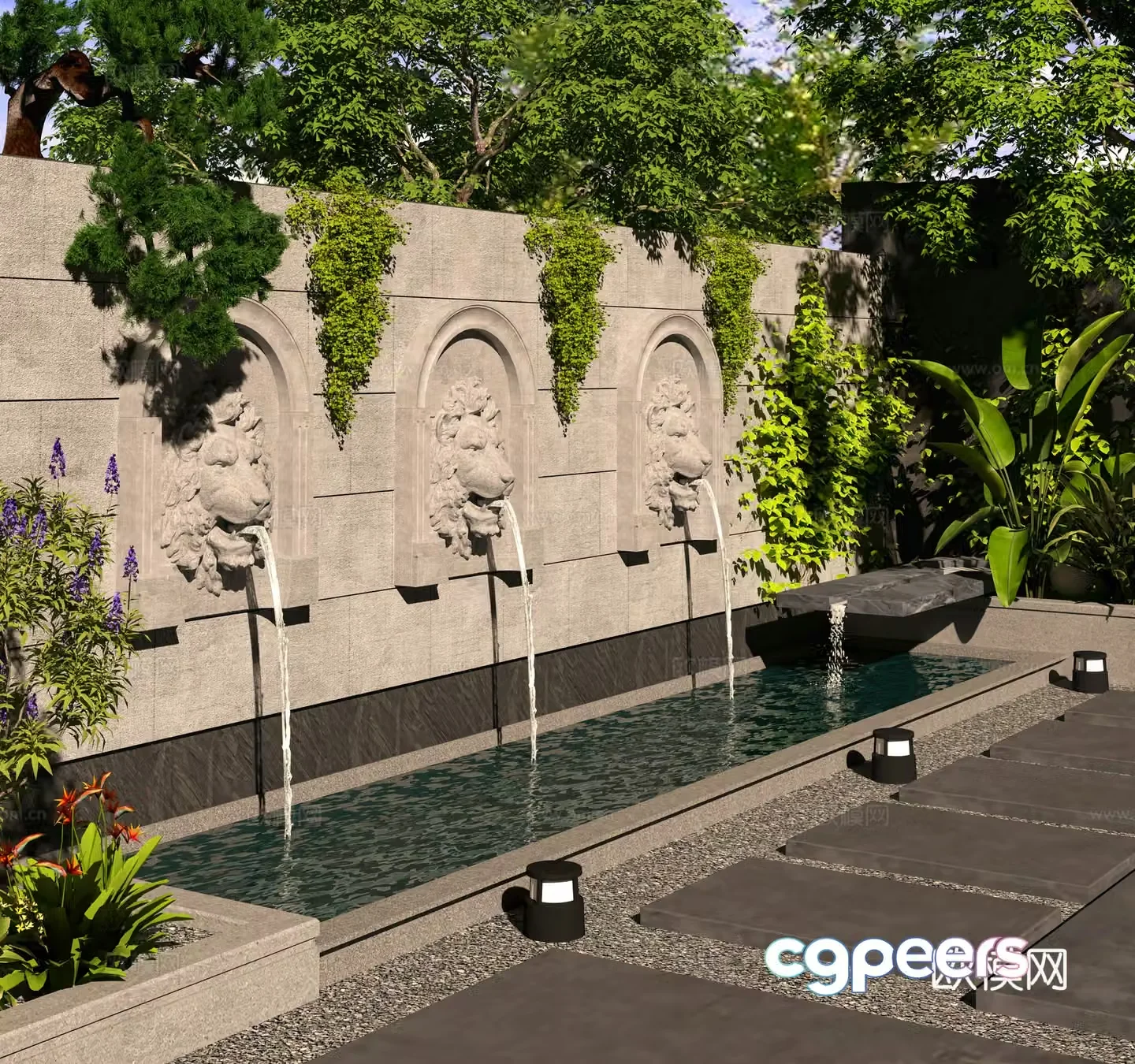 Modern courtyard sculpture garden water feature 3d model