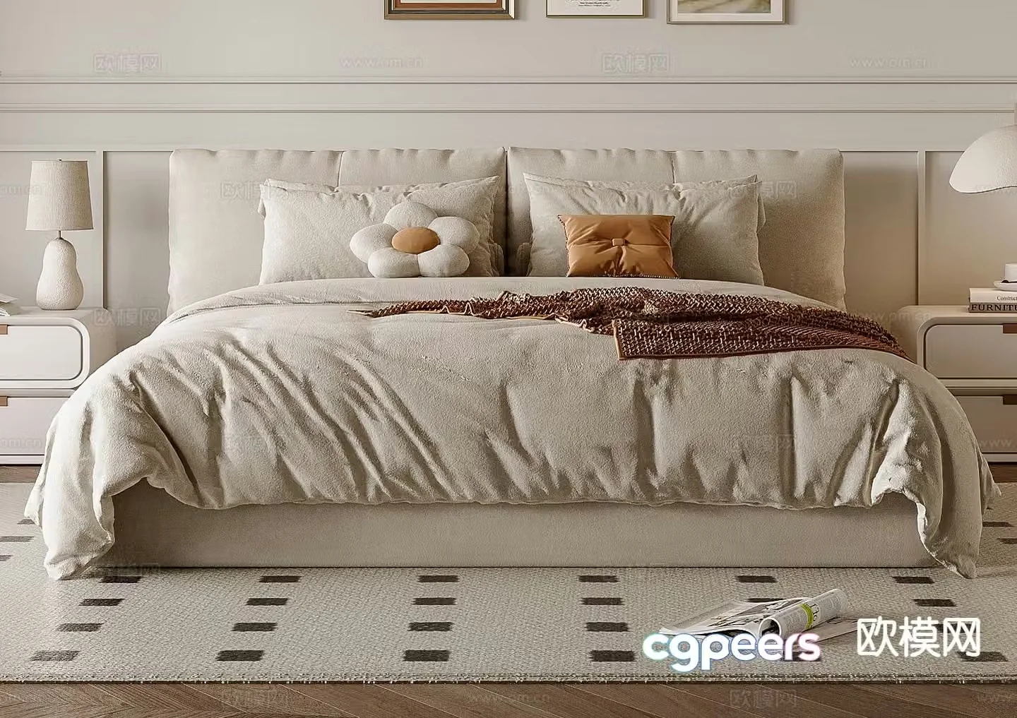 Cream style double bed 3d model