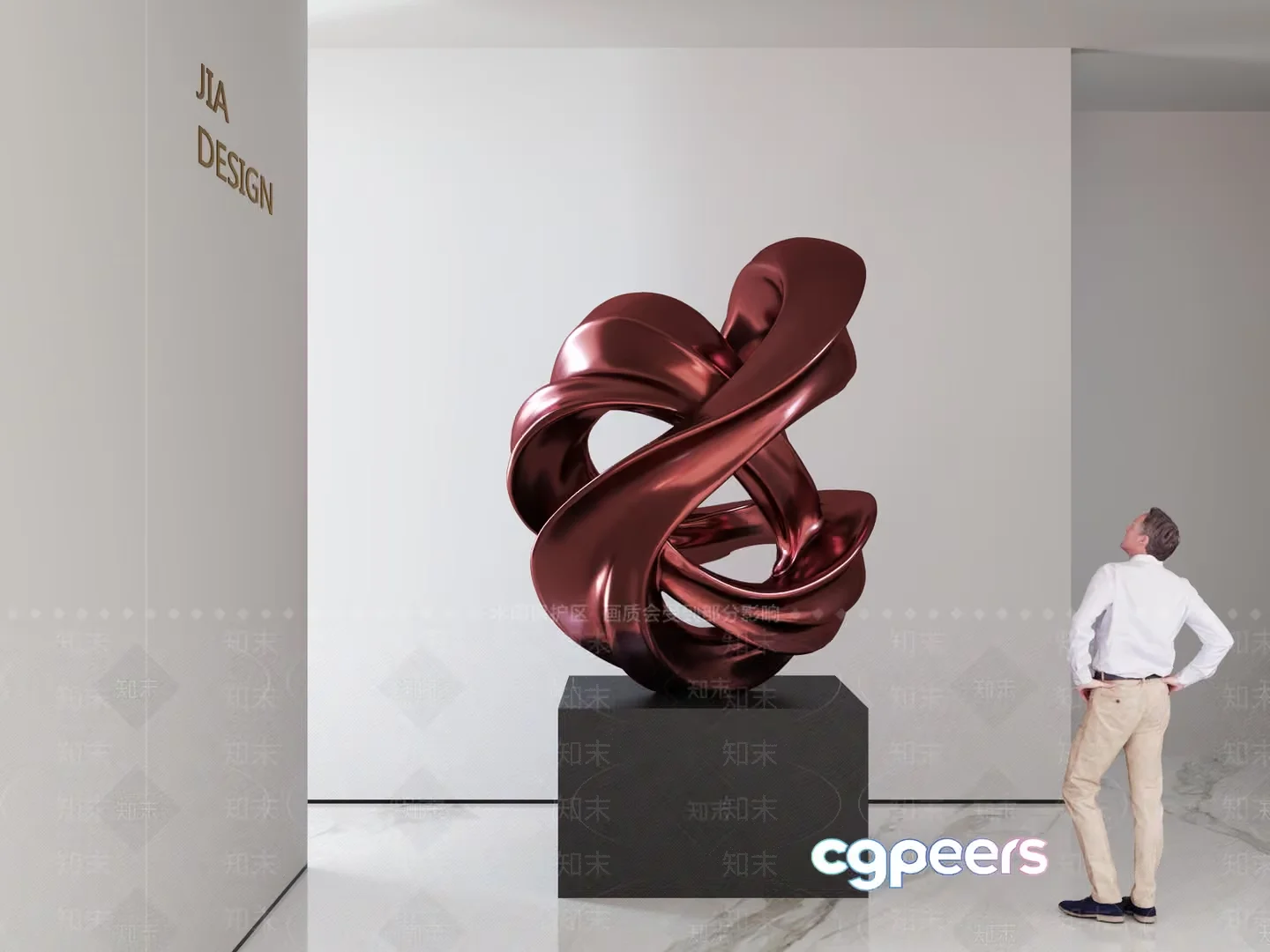 A Man Looking At A Large Shiny Brown Sculpture 3D Model – 18515 – VRAY Render