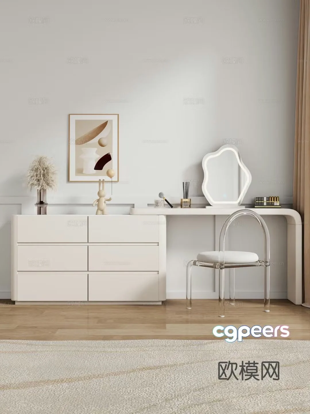 Cream style dressing table makeup stool combination dressing table makeup stool mirror decoration hanging painting 3D model