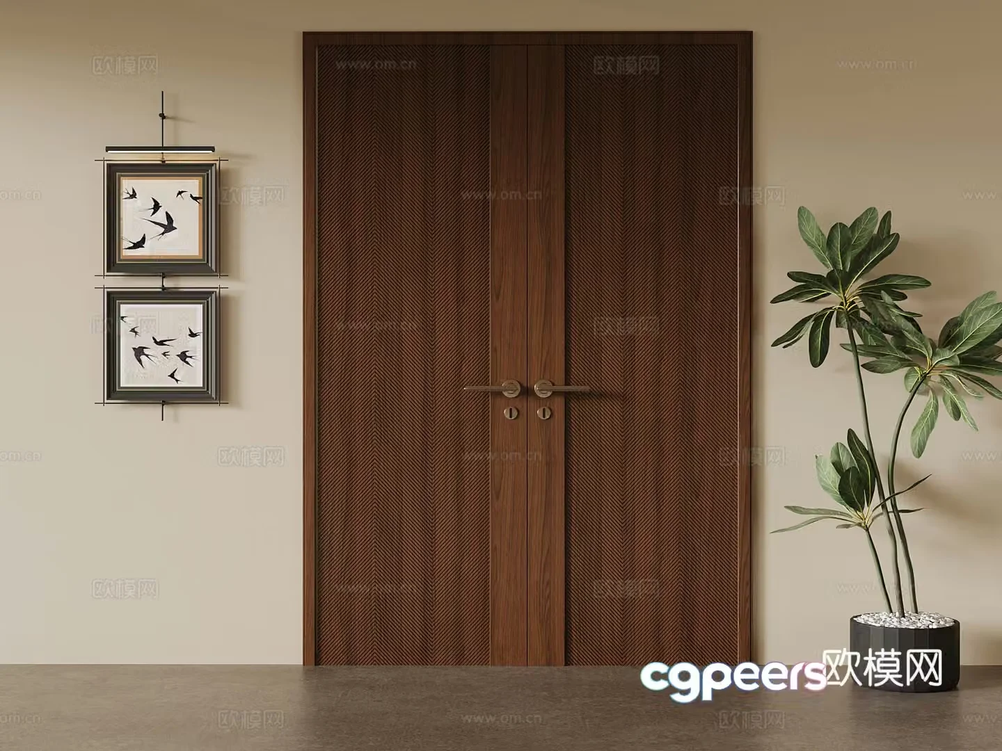 Medium style double-open door hanging painting 3D model