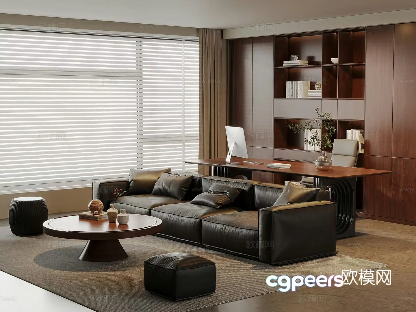 American medieval living room leather sofa and coffee table combination solid wood desk and chair solid wood bookcase 3D model