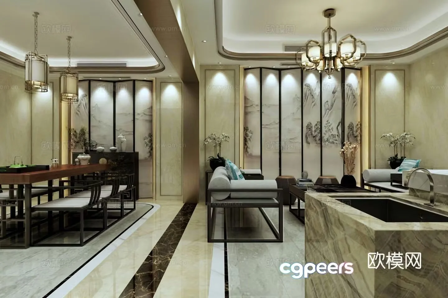 New Chinese style villa tea room wine cellar 3D model