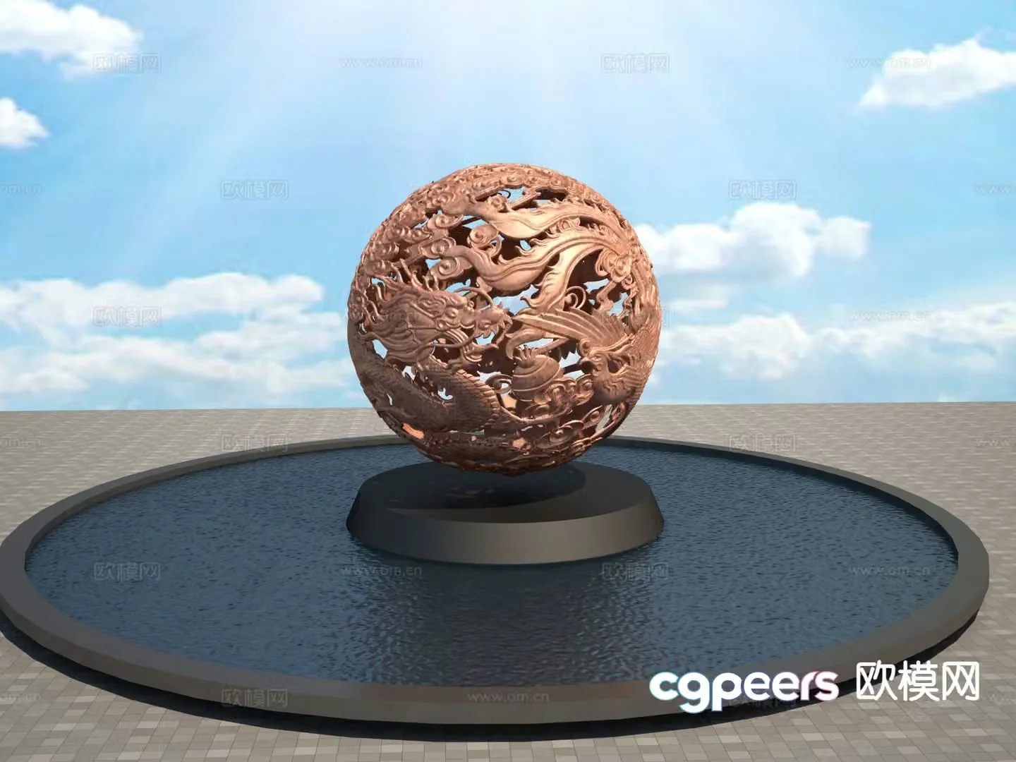 Dragon and Phoenix Sculpture Feng Shui Ball Sculpture 3D Model
