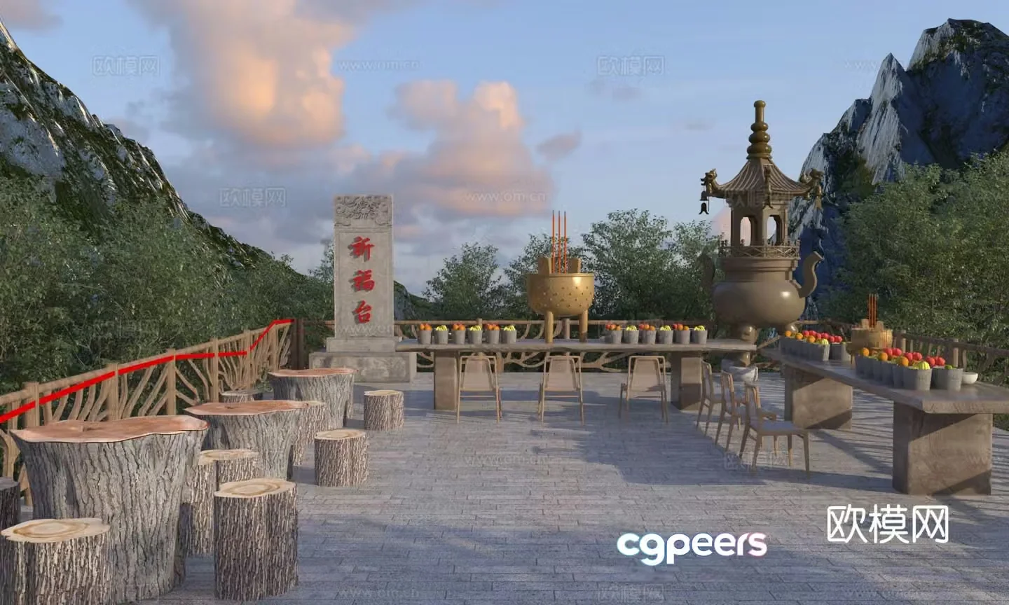 Chinese style prayer platform square landscape rooftop prayer 3D model