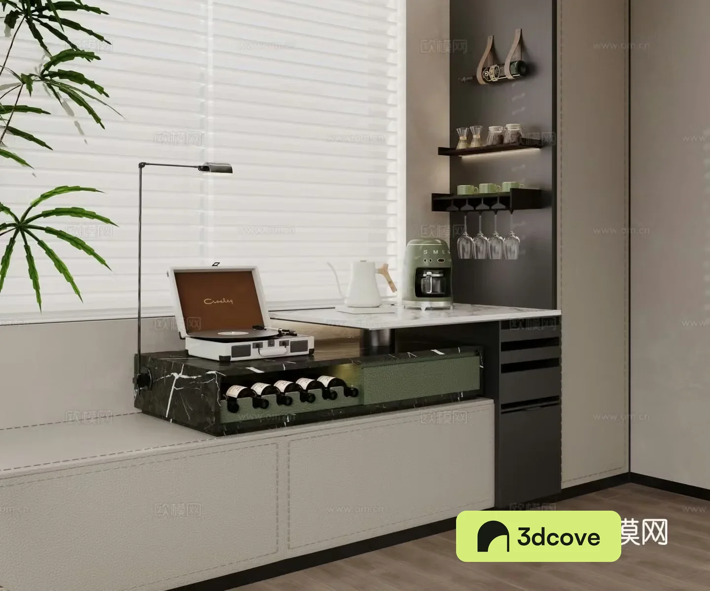 Bathroom window cabinet Bathroom window pad Record machine Wine rack Storage cabinet Coffee machine Coffee cup Reading
