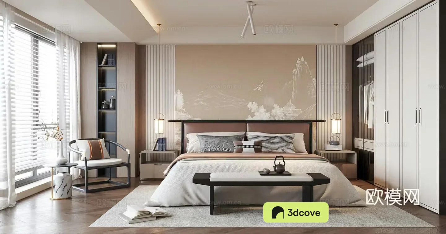 New Chinese style bedroom double bed master bedroom bedside stool